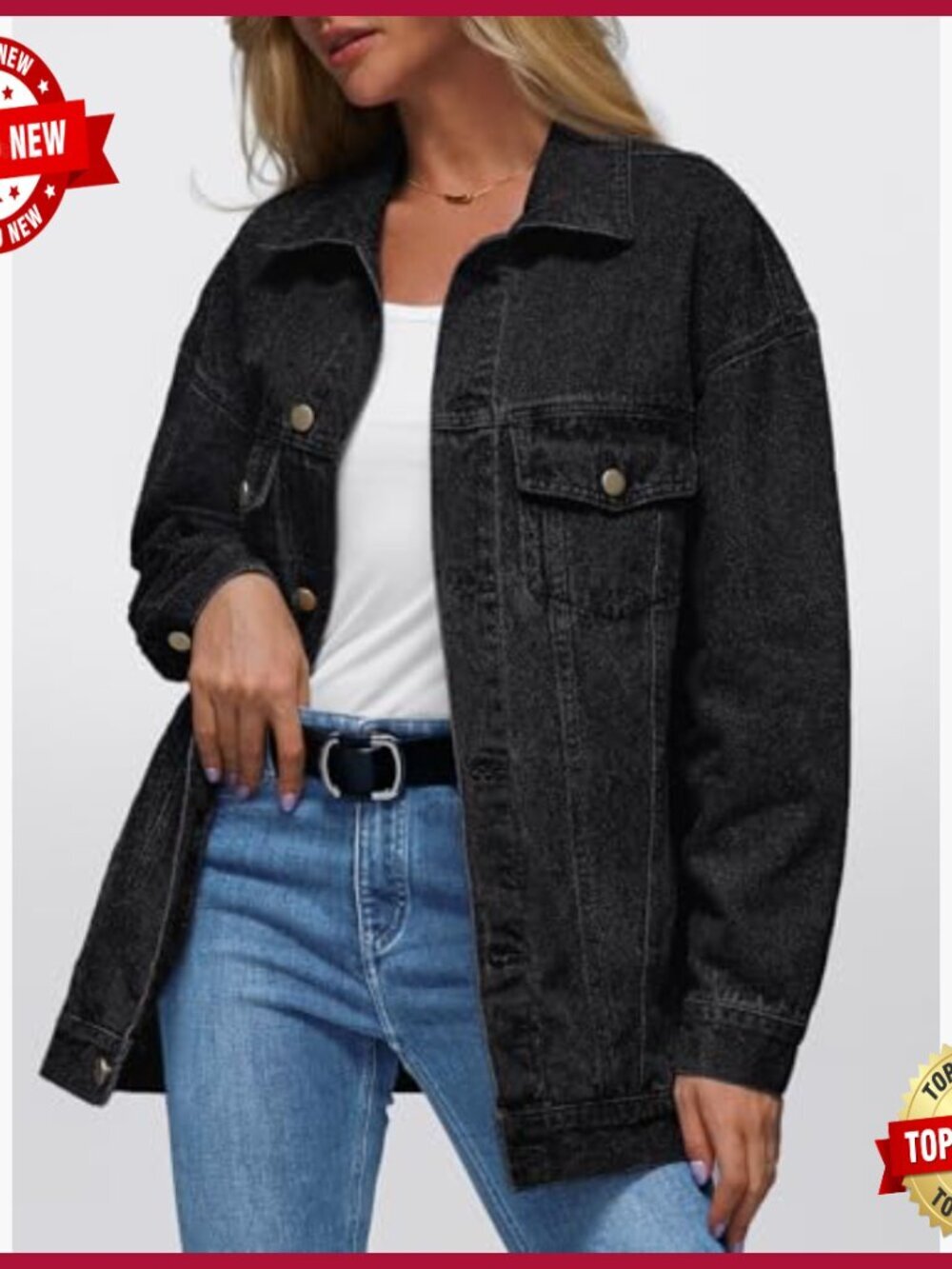 Oversized Denim Jacket, Boyfriend Style with Chest Pockets, Cotton - Picture 2 of 5